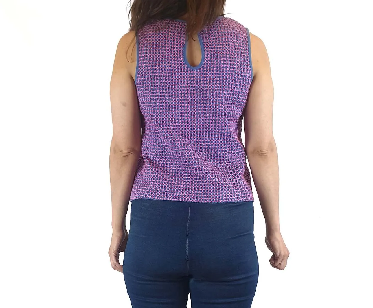 Gorman blue cropped sleeveless top with contrasting hot pink embroydery size 8