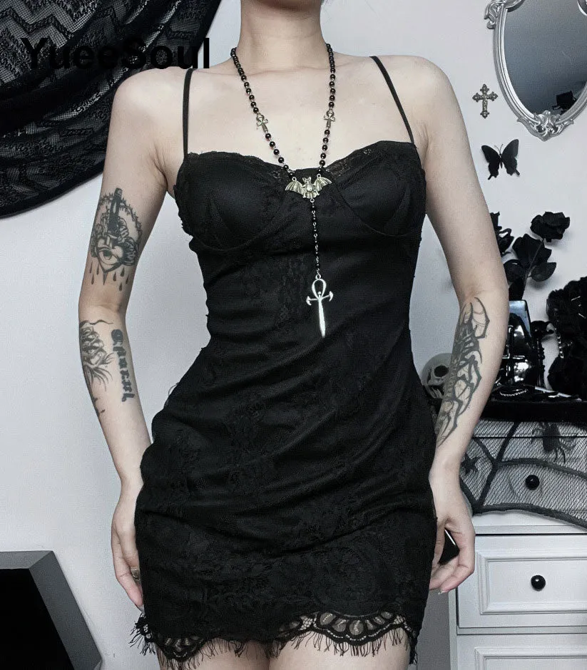 Gothic Lace Trim High Waist Bodycon Mini Dress