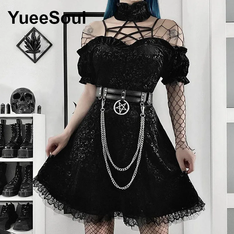 Gothic Lace Trim High Waist Bodycon Mini Dress