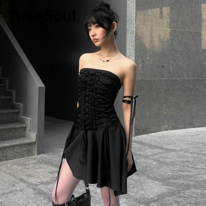 Gothic Lace Trim High Waist Bodycon Mini Dress