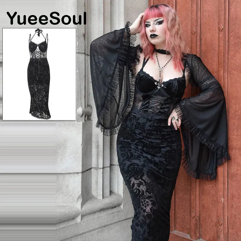 Gothic Lace Trim High Waist Bodycon Mini Dress