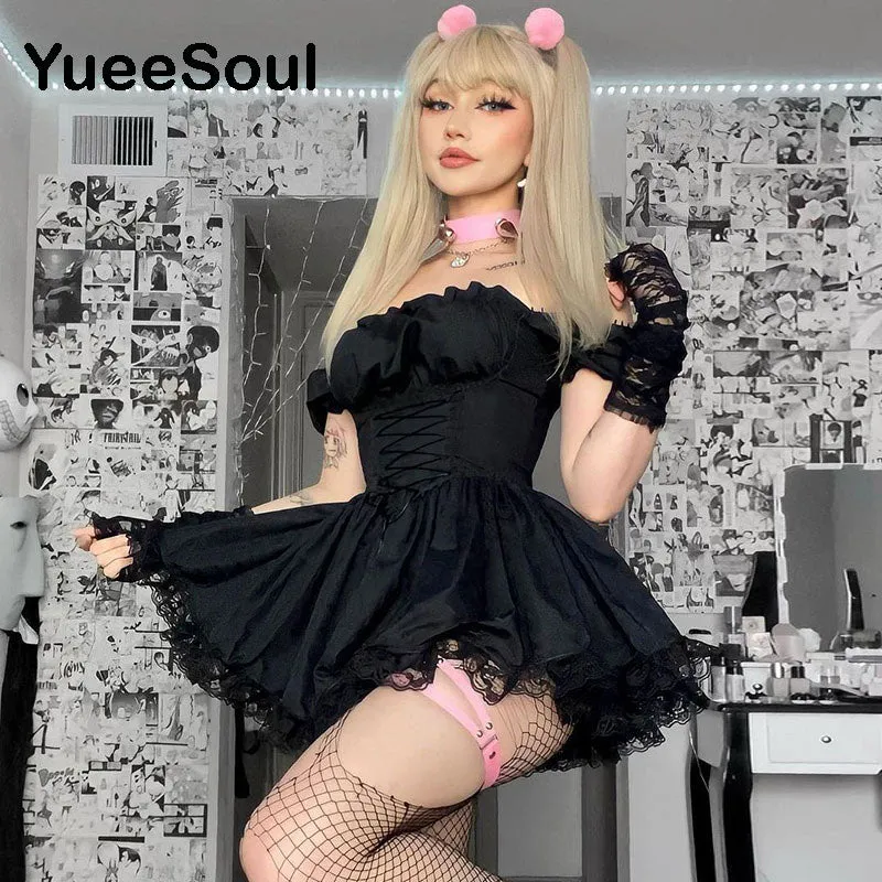 Gothic Lace Trim High Waist Bodycon Mini Dress