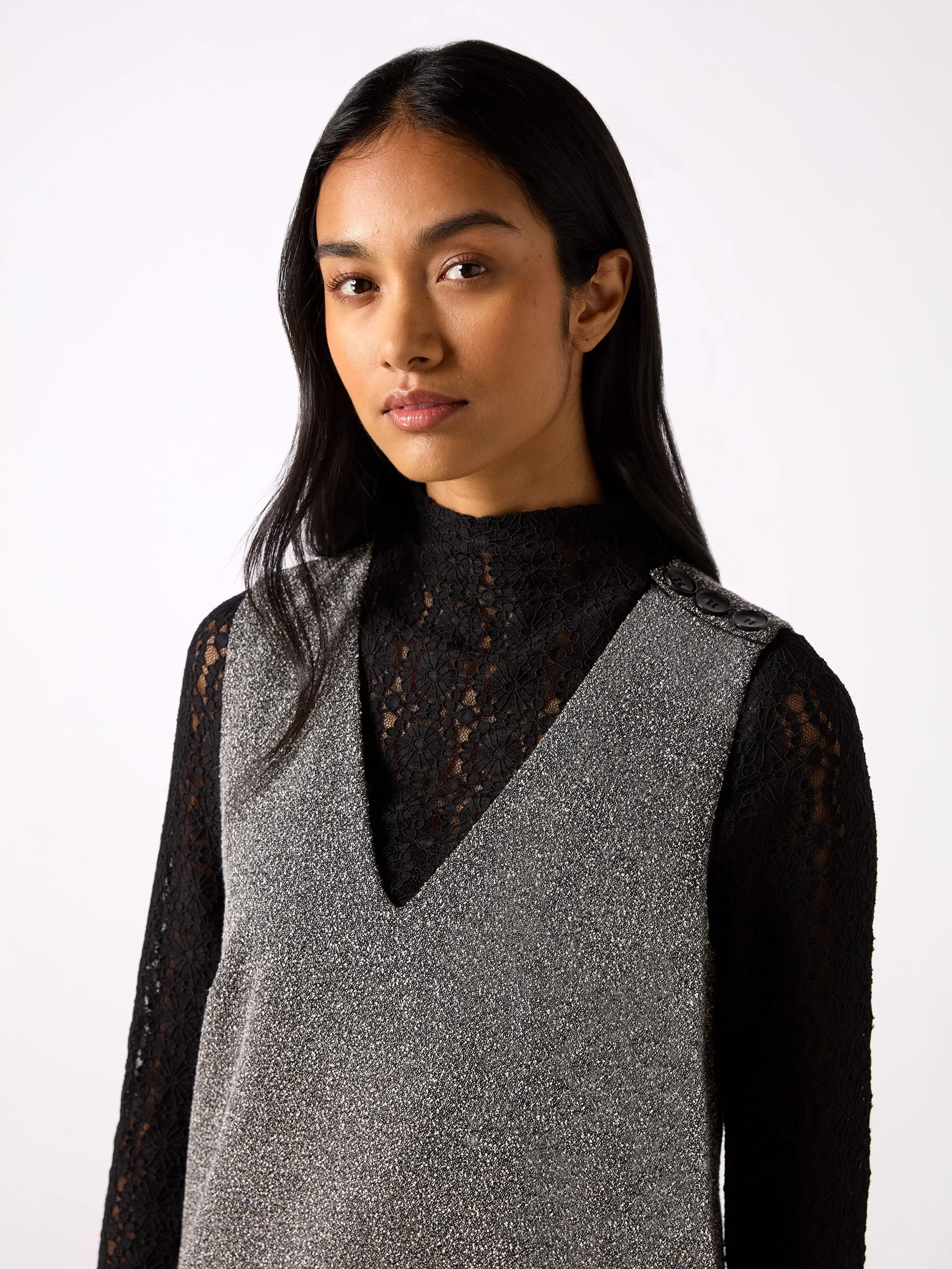 Grey Textured V-Neck Mini Dress