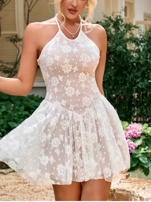 Halter Lace Mesh Double Layers Dress