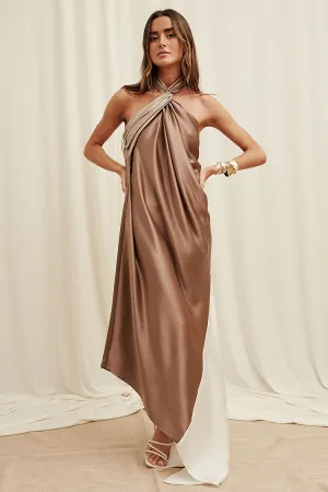 Halter Neck Backless Colorblock Patchwork Irregular Maxi Dresses-Brown