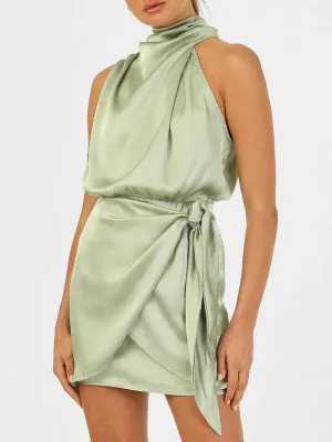 Halter Neck Mini Dress with Draped Front and Tie Waist