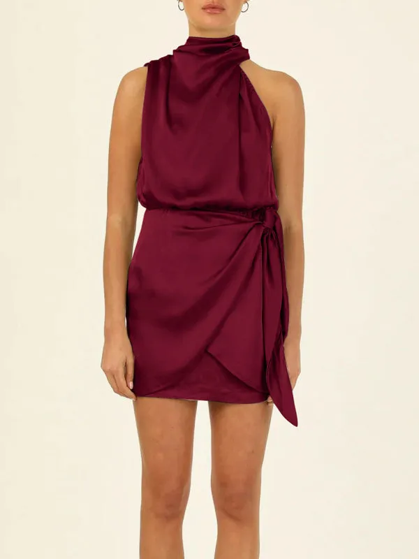Halter Neck Mini Dress with Draped Front and Tie Waist