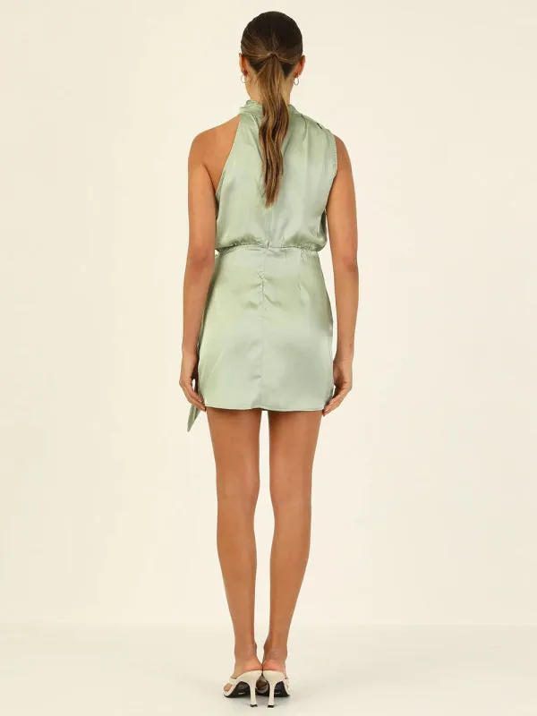 Halter Neck Mini Dress with Draped Front and Tie Waist
