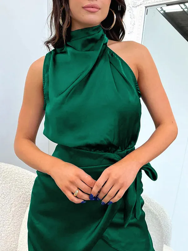 Halter Neck Mini Dress with Draped Front and Tie Waist