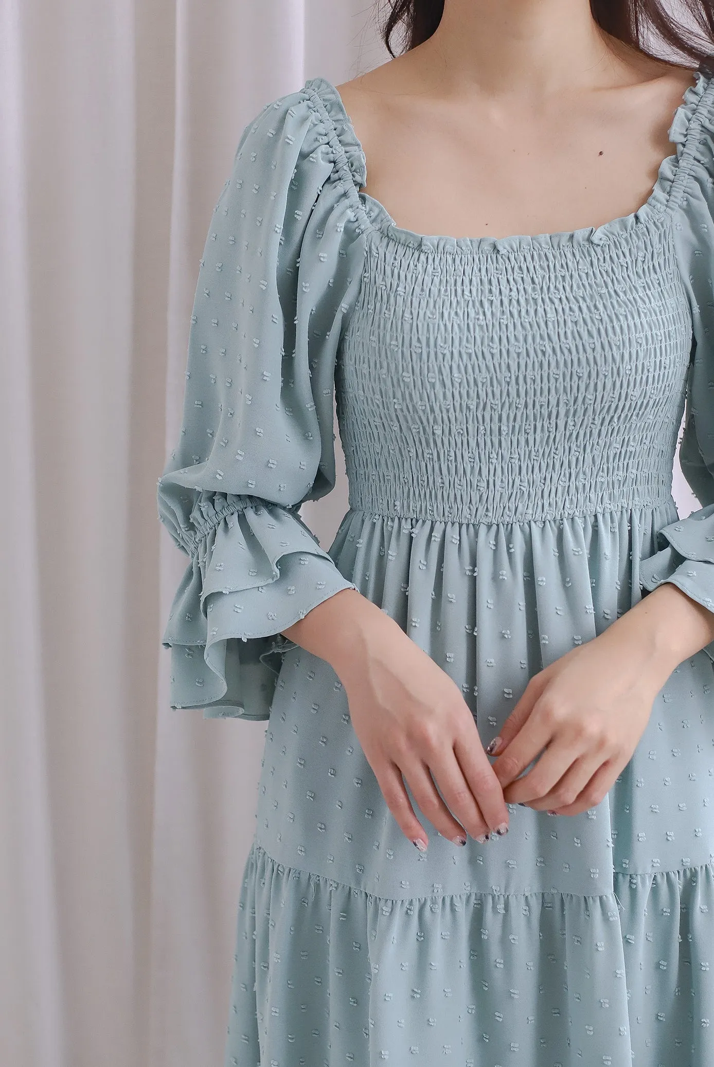 Hanneli Ruffle Sleeve Swiss Dot Midi Dress In Seafoam