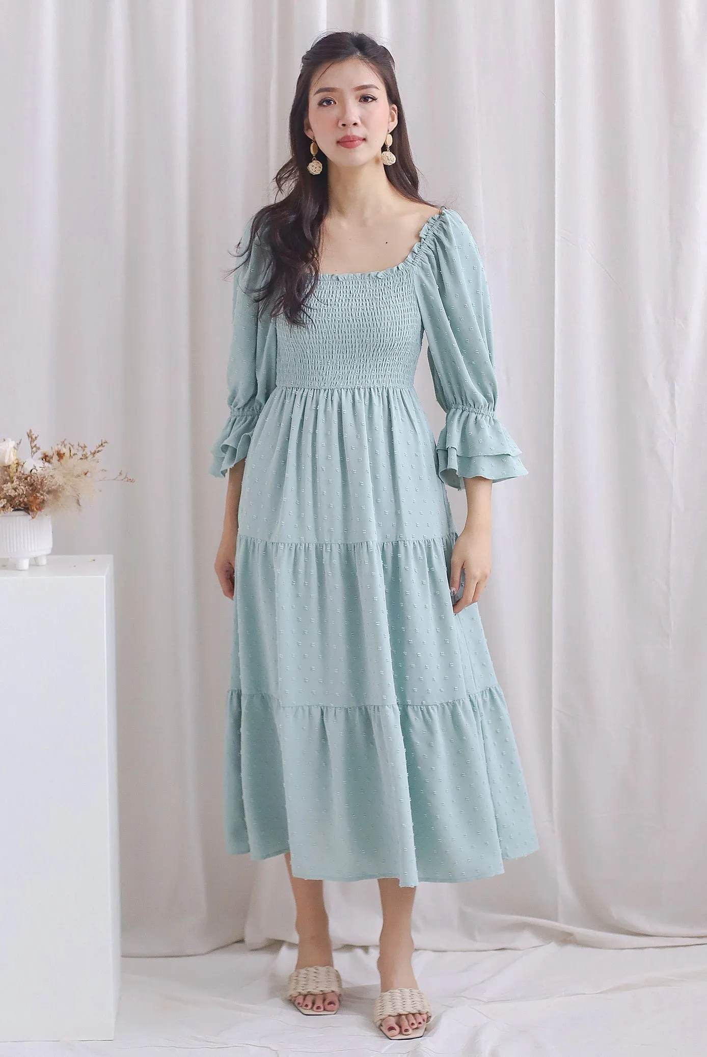Hanneli Ruffle Sleeve Swiss Dot Midi Dress In Seafoam