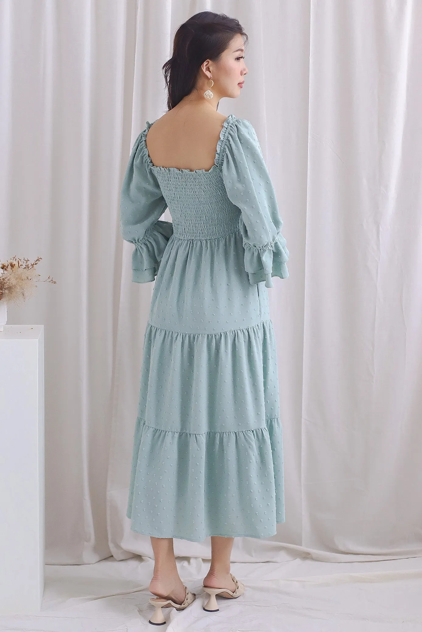 Hanneli Ruffle Sleeve Swiss Dot Midi Dress In Seafoam