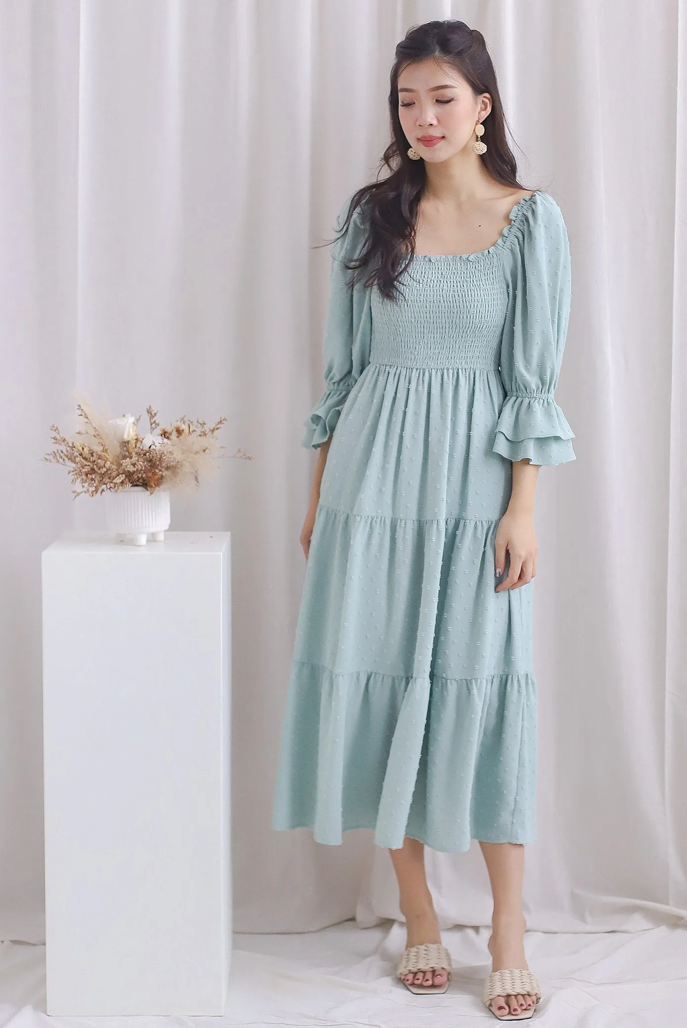 Hanneli Ruffle Sleeve Swiss Dot Midi Dress In Seafoam