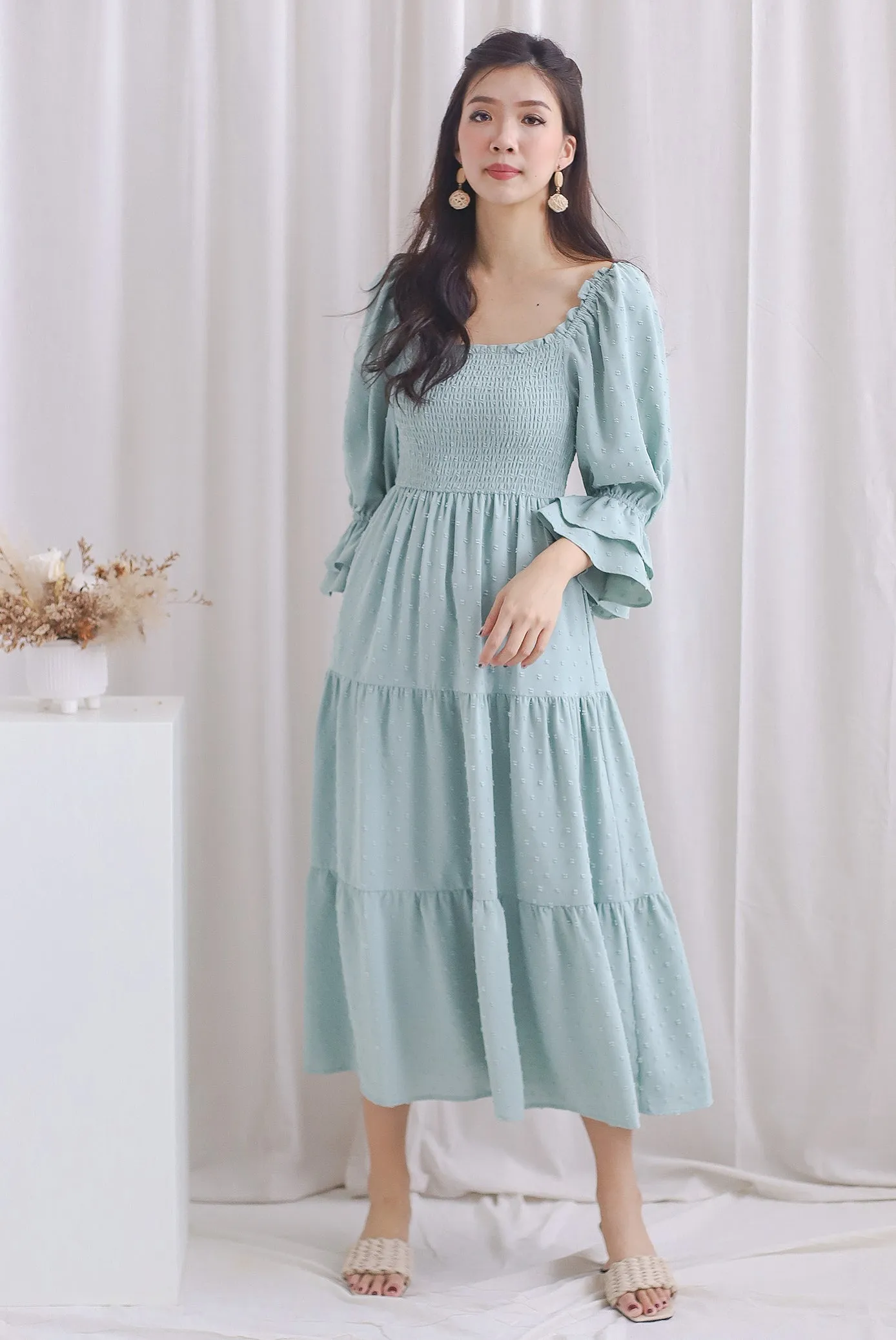Hanneli Ruffle Sleeve Swiss Dot Midi Dress In Seafoam