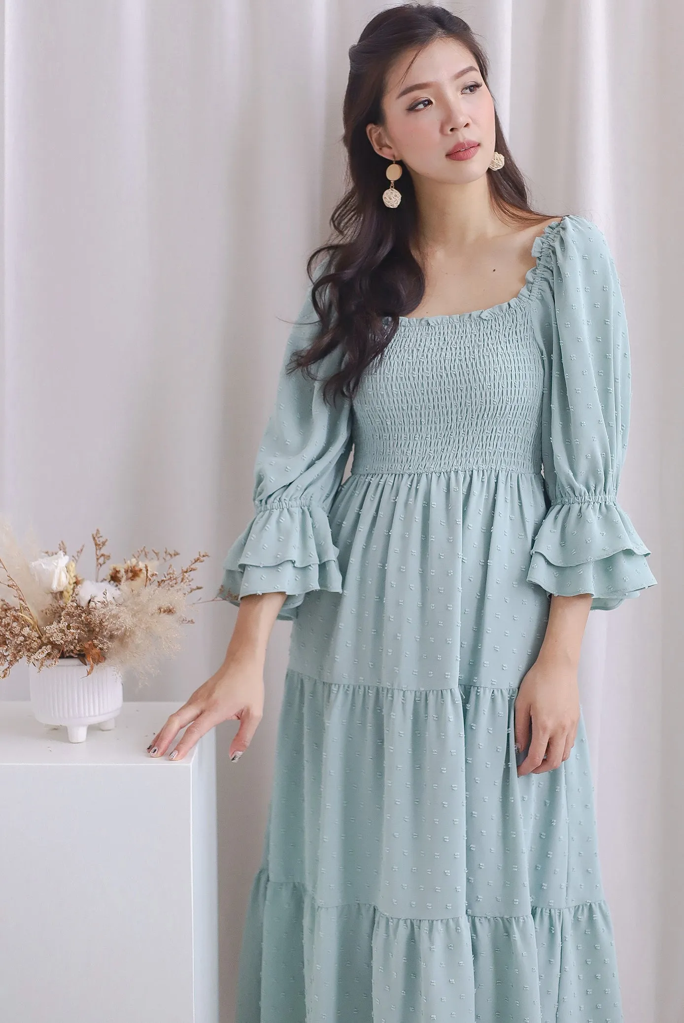 Hanneli Ruffle Sleeve Swiss Dot Midi Dress In Seafoam