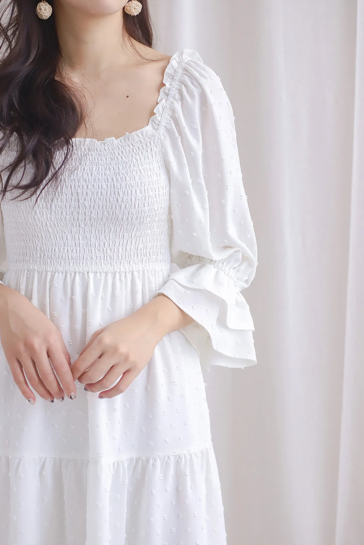 Hanneli Ruffle Sleeve Swiss Dot Midi Dress In White