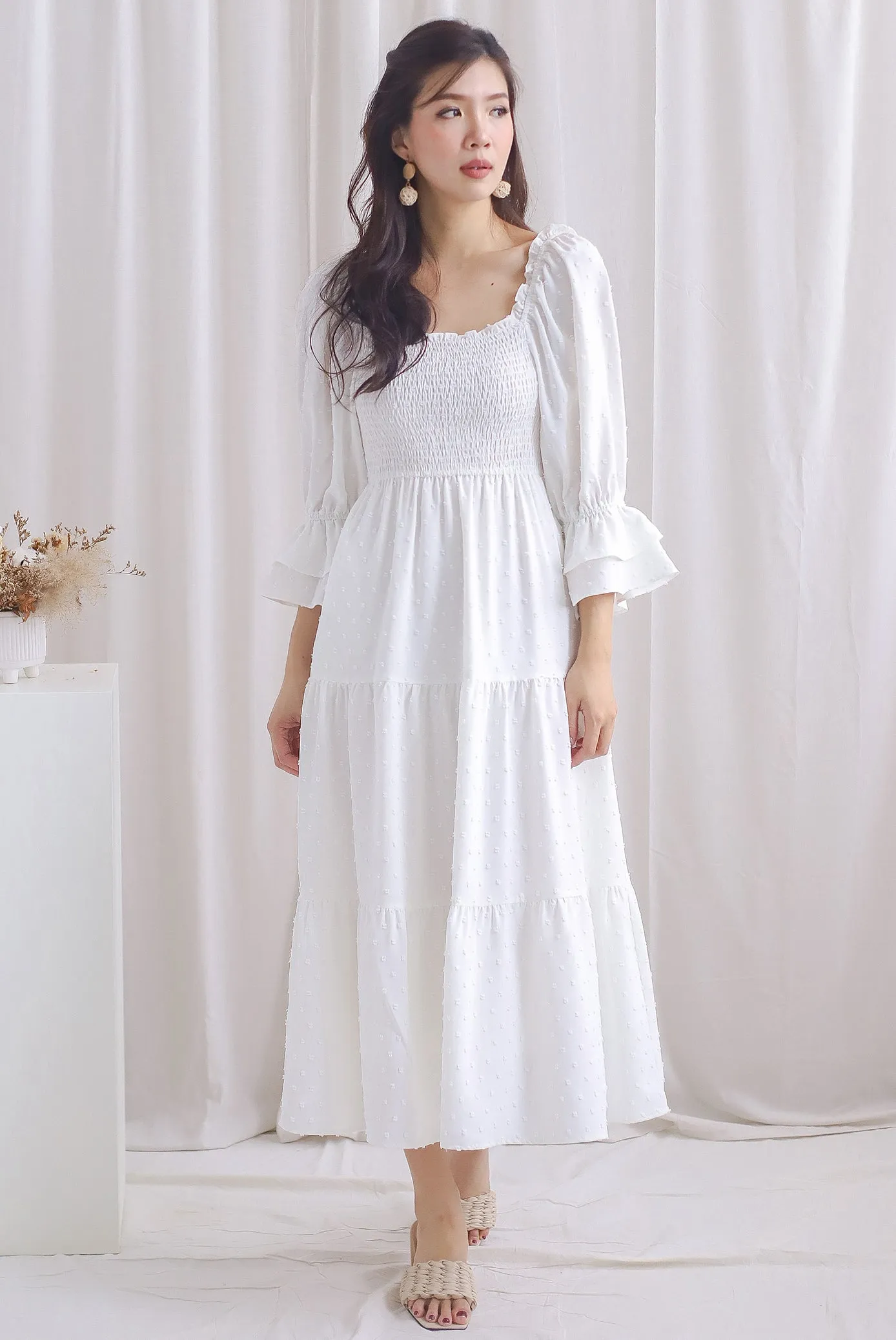 Hanneli Ruffle Sleeve Swiss Dot Midi Dress In White