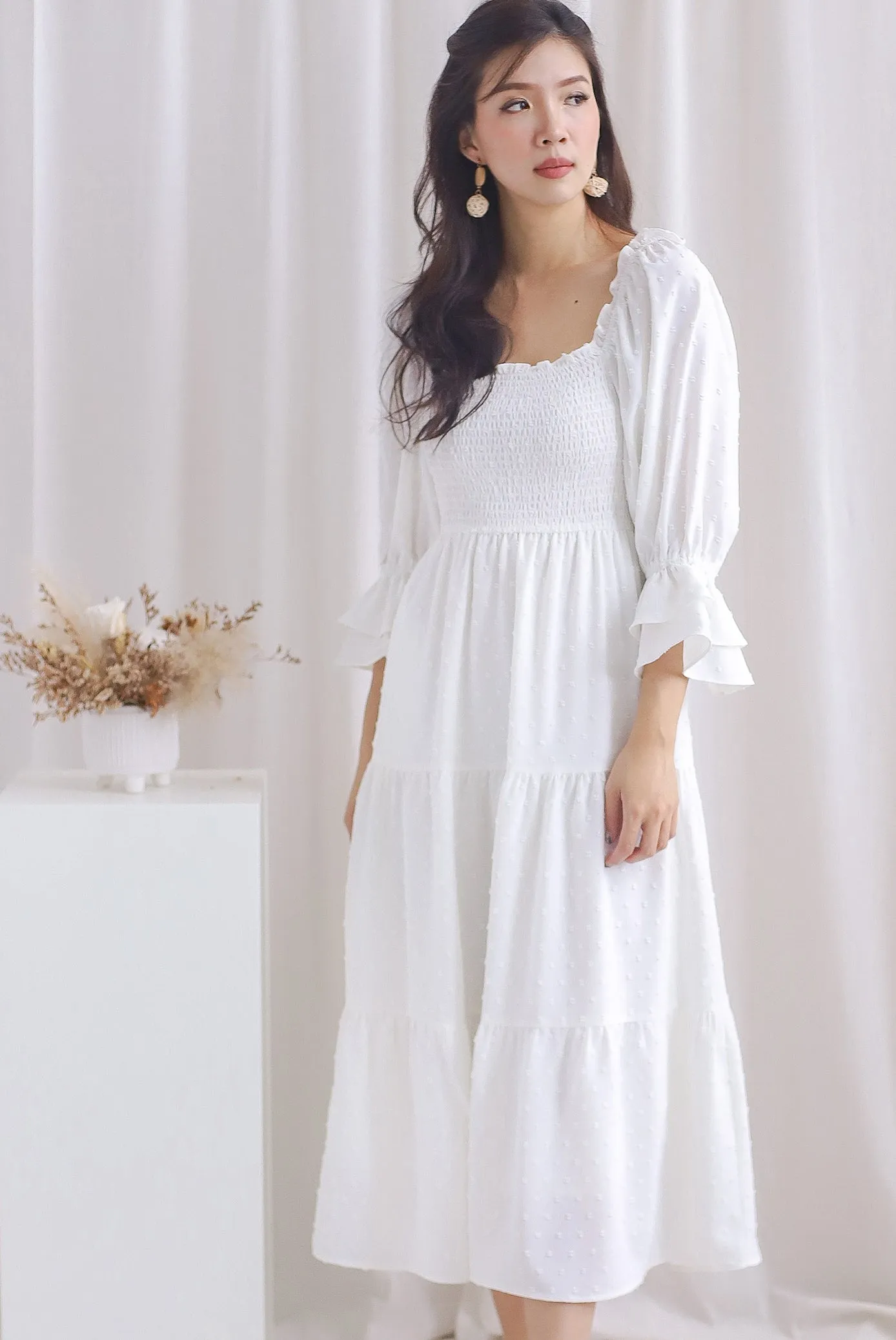 Hanneli Ruffle Sleeve Swiss Dot Midi Dress In White