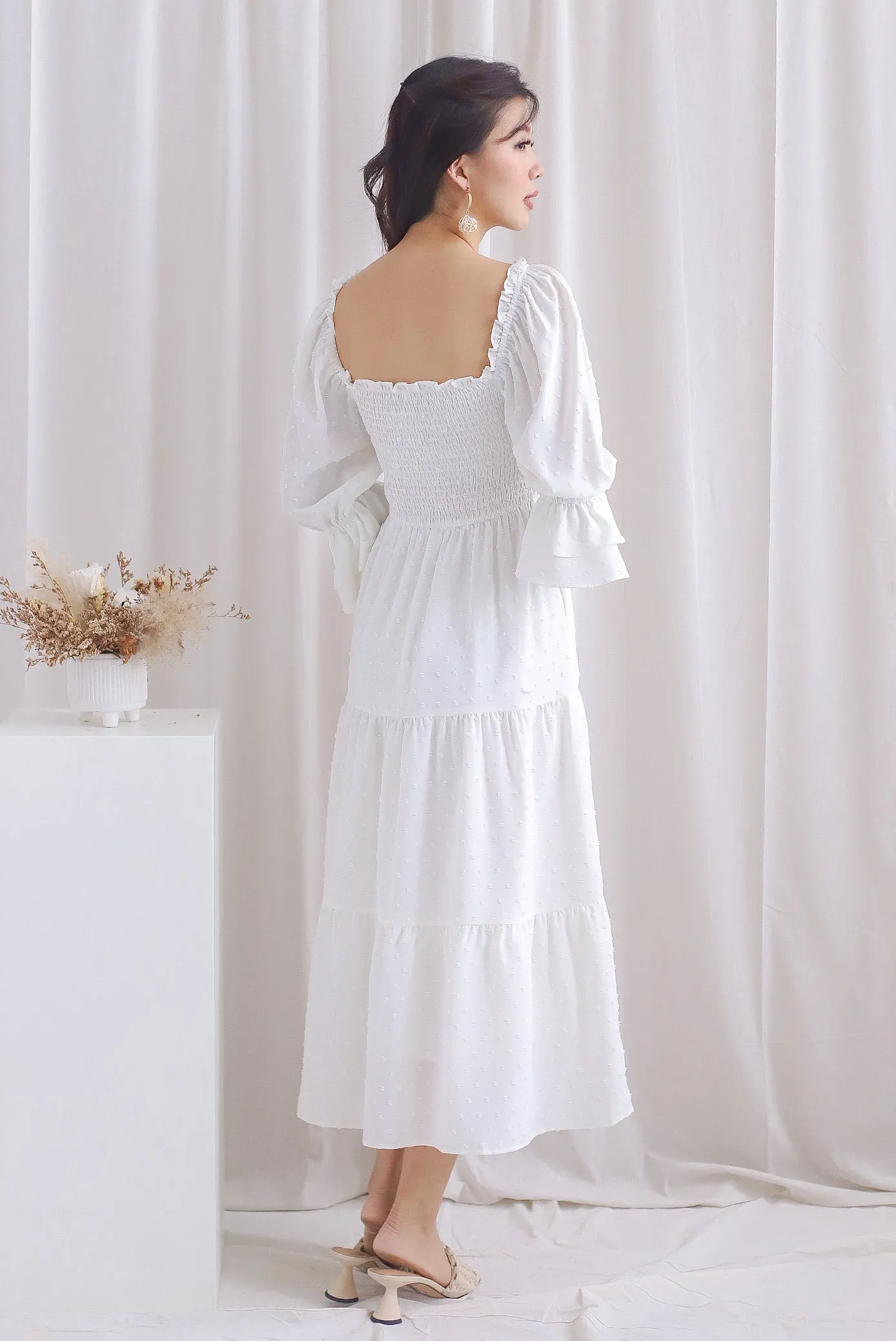 Hanneli Ruffle Sleeve Swiss Dot Midi Dress In White