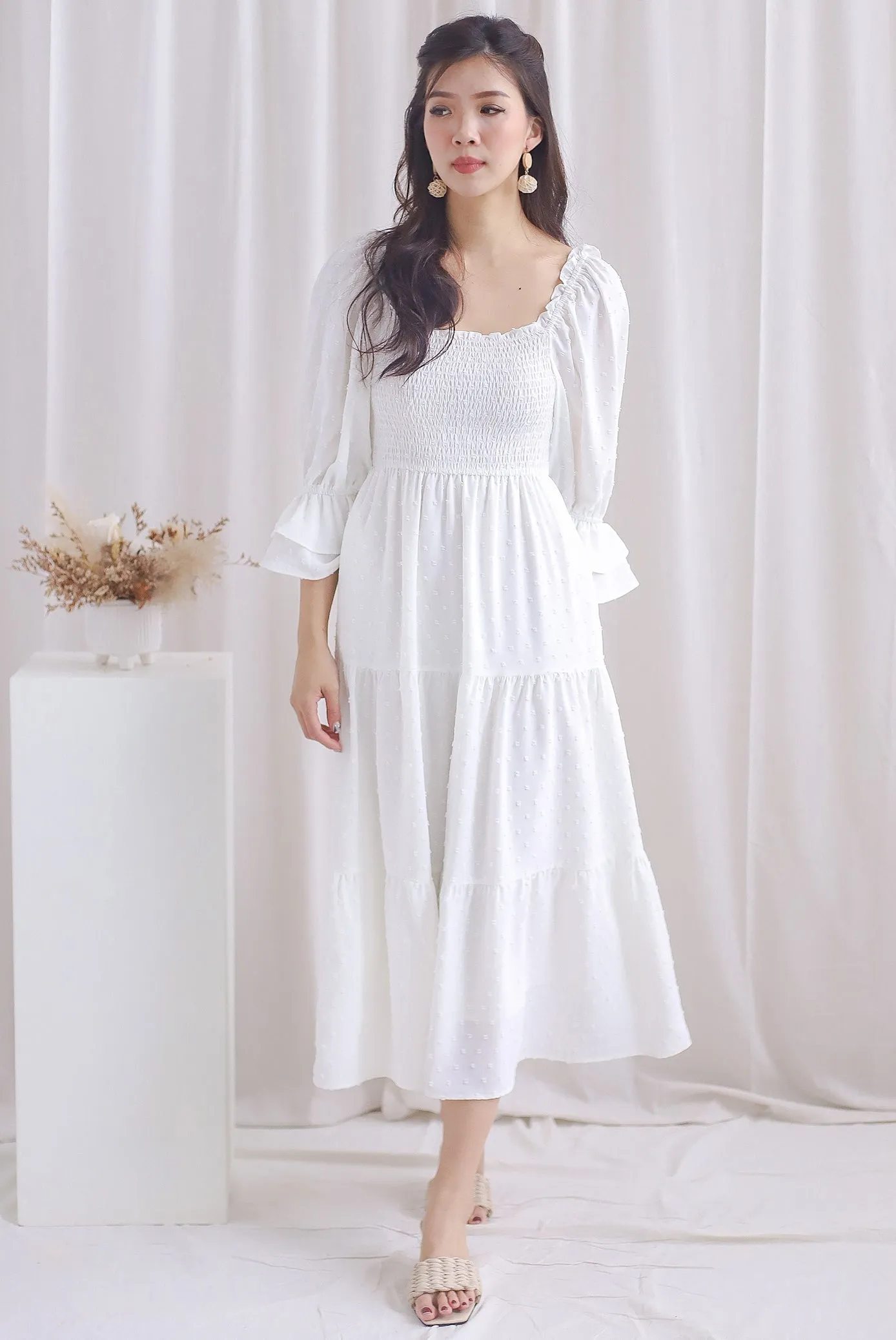 Hanneli Ruffle Sleeve Swiss Dot Midi Dress In White