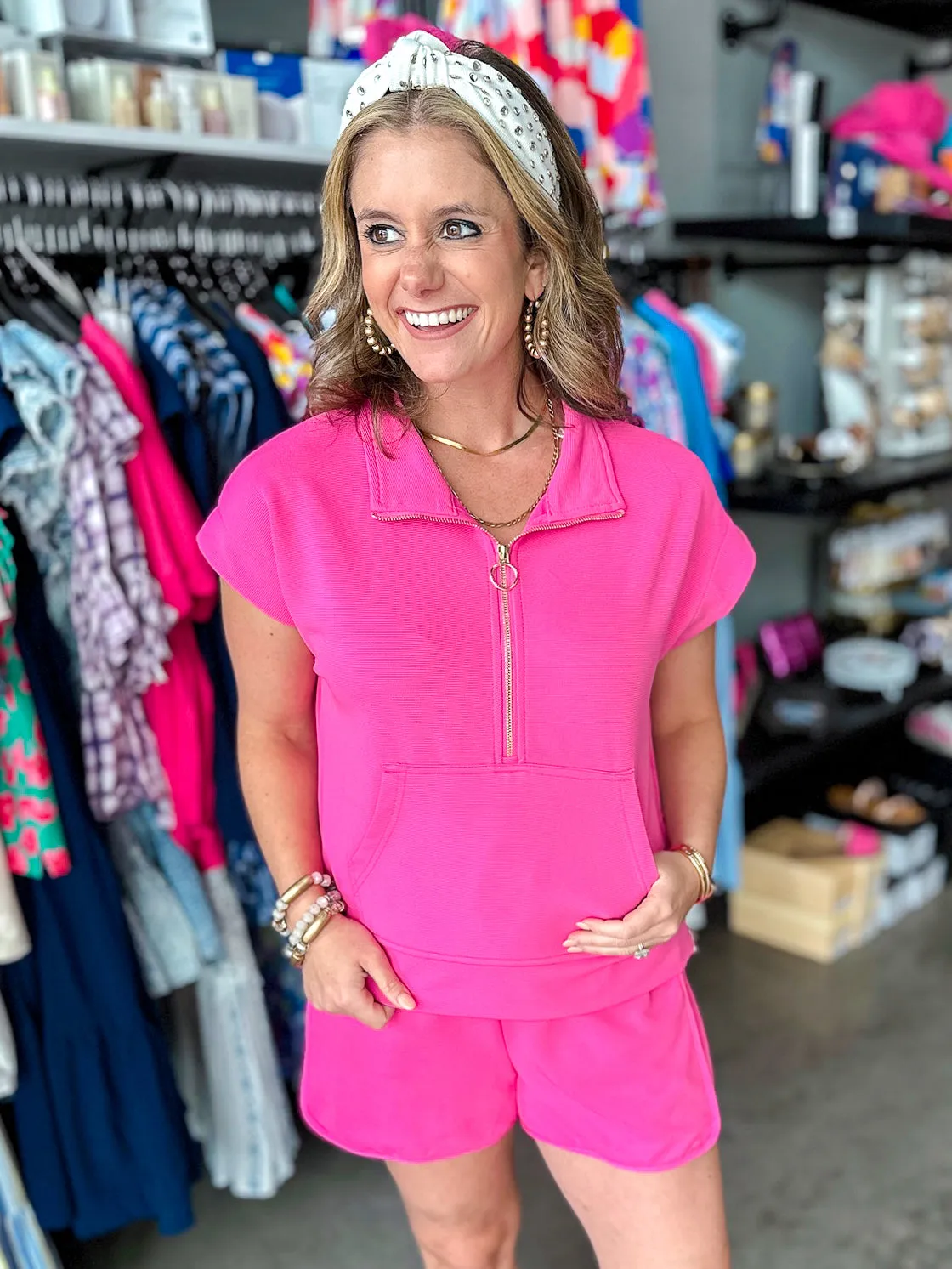 Hot Pink Run Around Textured Shorts