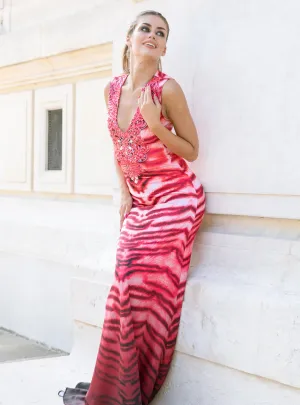 Jess Scuba Paint Long Dress Red Tiger