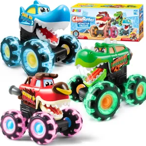 JOYIN 3 Pack Monster Truck Toy - Motion Activated Light-Up Cars for Toddlers - Monster Treads Lightning Wheels - Baby Toy Present - Press & Go Cars for Boys Girls