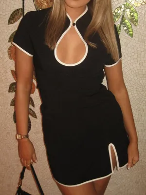 Keyhole Neckline Mini Dress with Front Slit and Contrast Trim