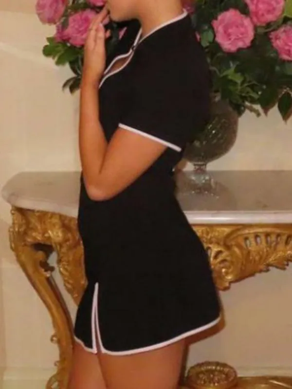 Keyhole Neckline Mini Dress with Front Slit and Contrast Trim