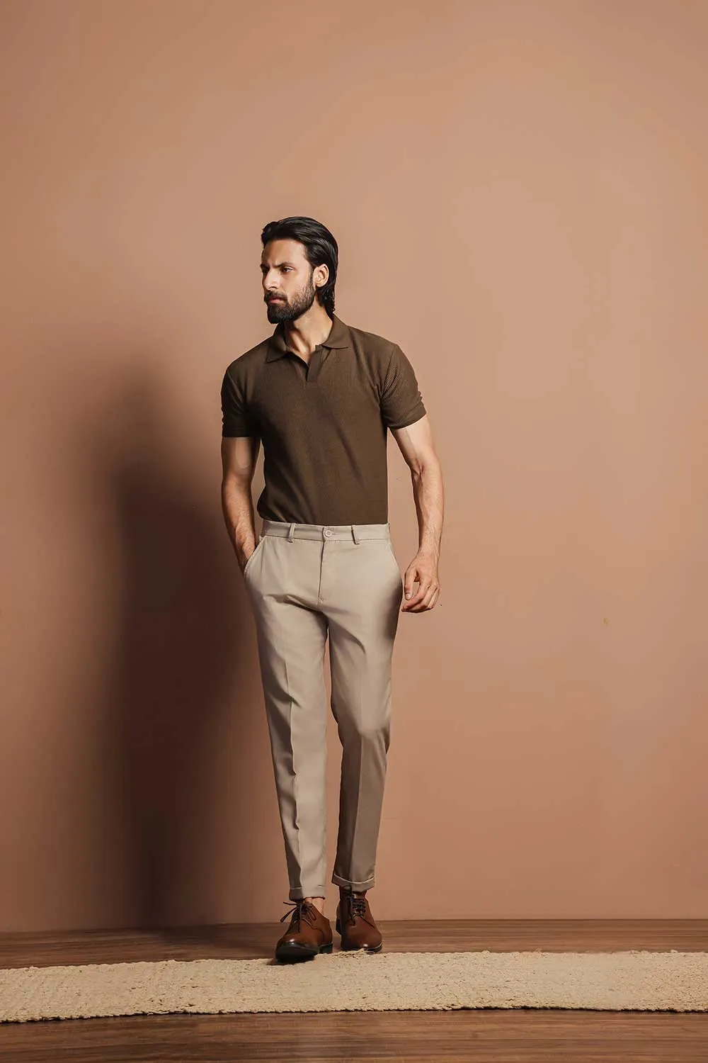 Khaki Green Plisse Johnny Collar Polo