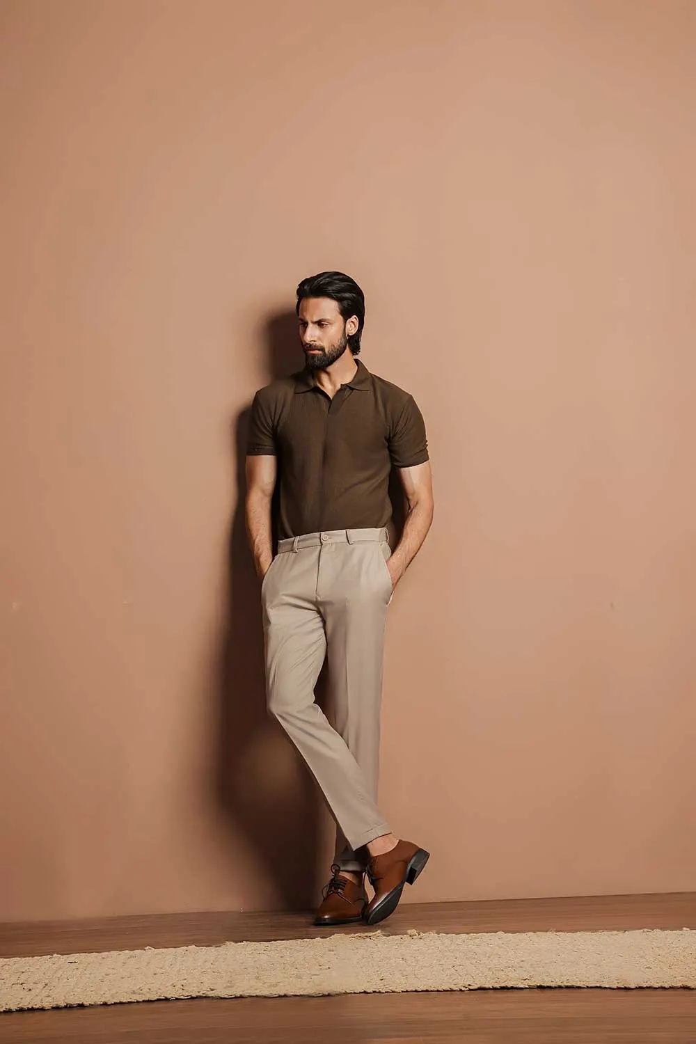 Khaki Green Plisse Johnny Collar Polo