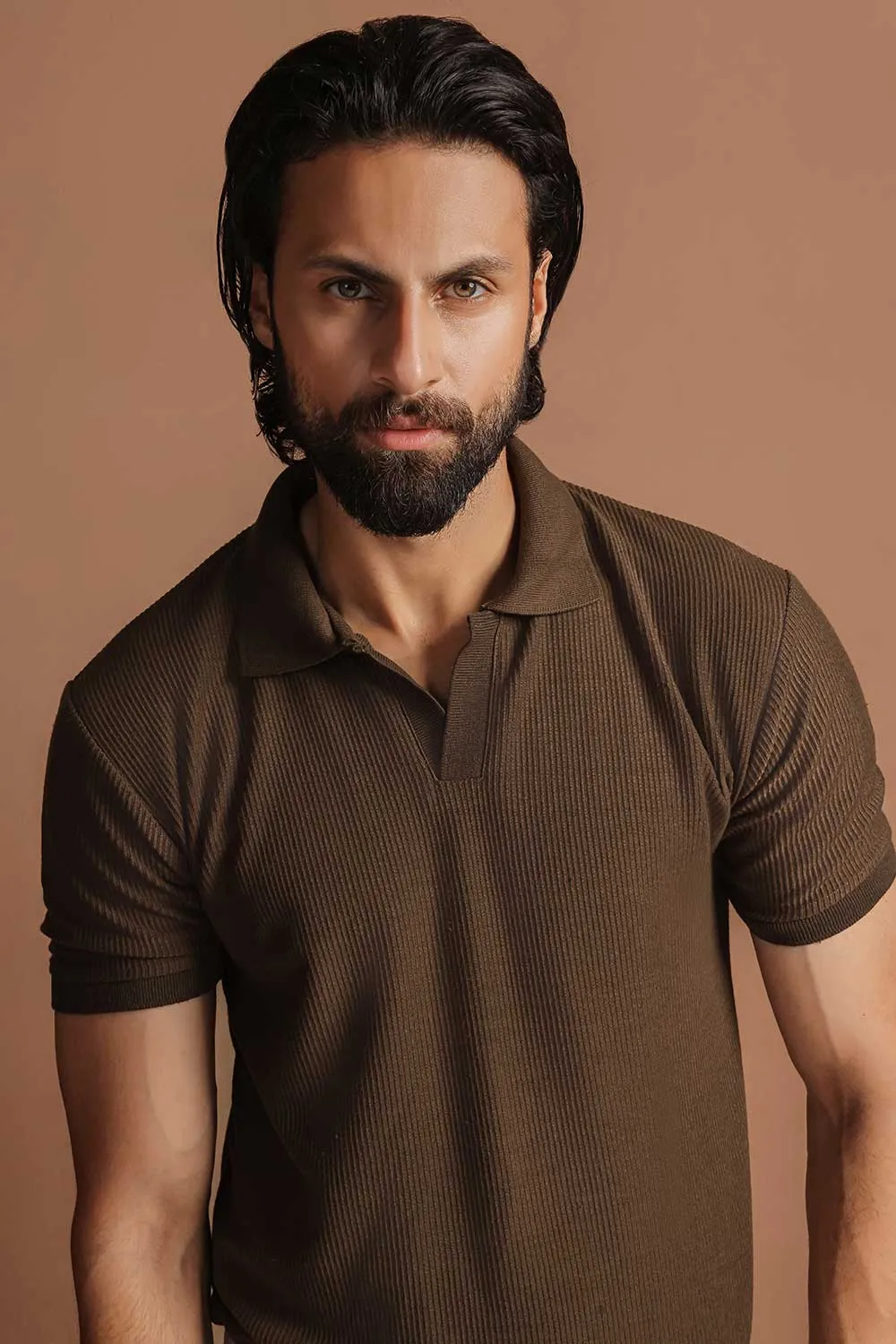 Khaki Green Plisse Johnny Collar Polo