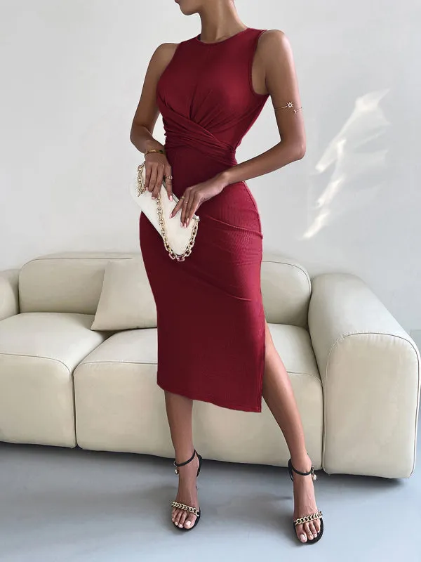 Knotted Waist Slim Midi Dress with Sleeveless Design