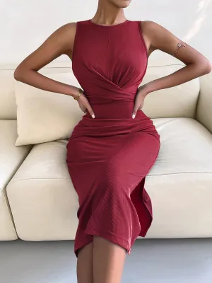 Knotted Waist Slim Midi Dress with Sleeveless Design