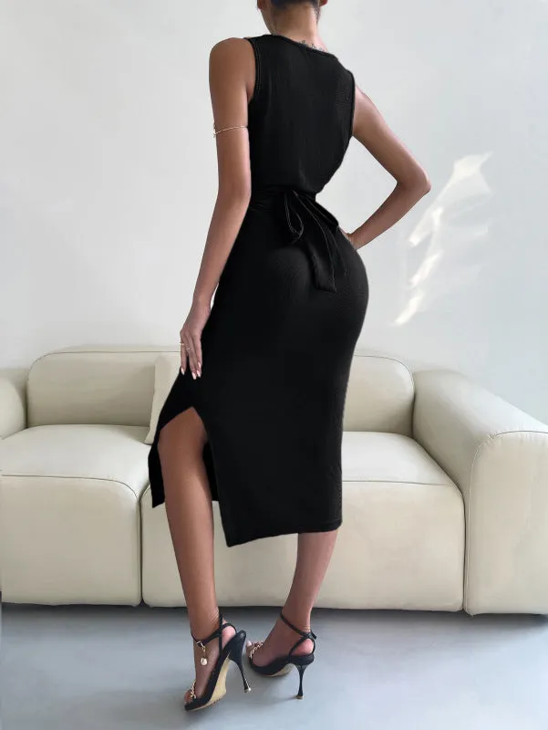 Knotted Waist Slim Midi Dress with Sleeveless Design
