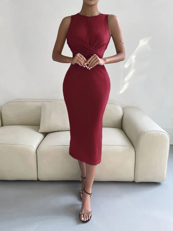 Knotted Waist Slim Midi Dress with Sleeveless Design
