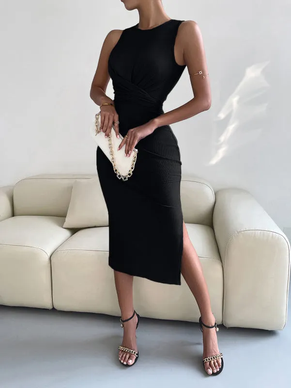 Knotted Waist Slim Midi Dress with Sleeveless Design