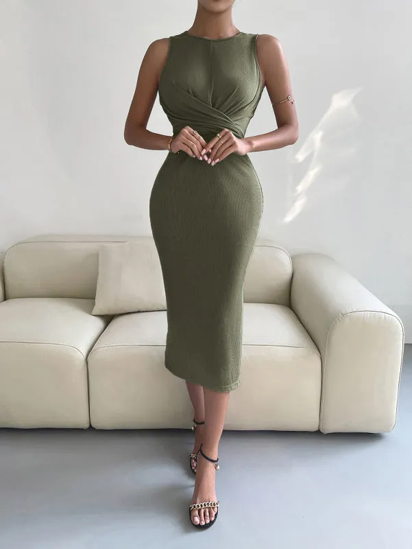 Knotted Waist Slim Midi Dress with Sleeveless Design
