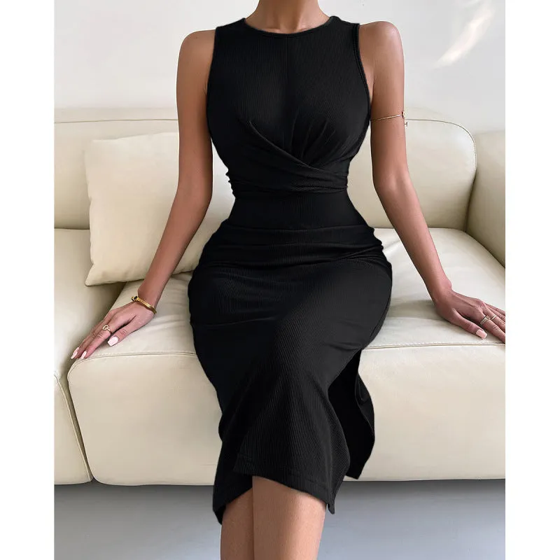 Knotted Waist Slim Midi Dress with Sleeveless Design