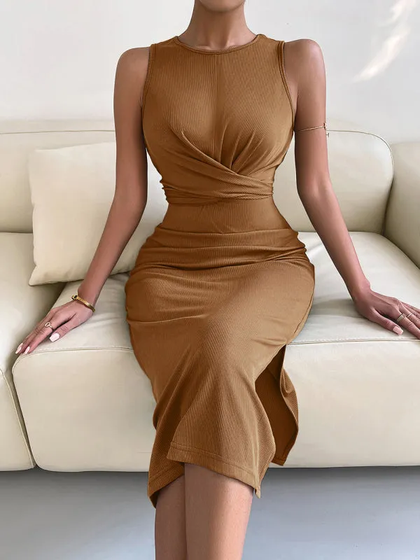 Knotted Waist Slim Midi Dress with Sleeveless Design