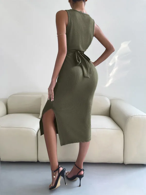 Knotted Waist Slim Midi Dress with Sleeveless Design