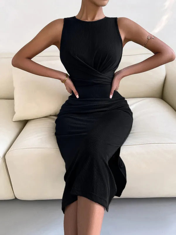 Knotted Waist Slim Midi Dress with Sleeveless Design