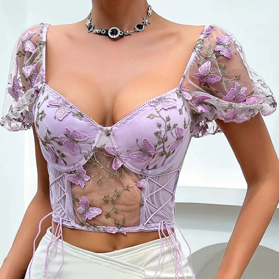 Kori - Sheer Mesh Puff Sleeve Crop Top
