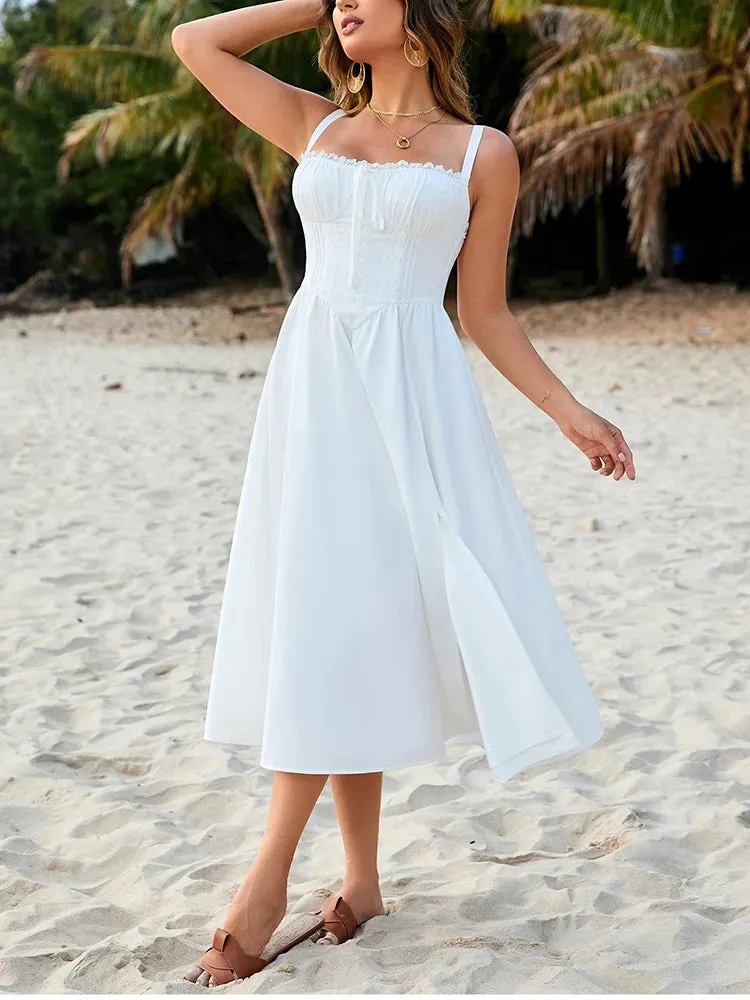 Lace Corset Tie-Up Ruched Long Dress