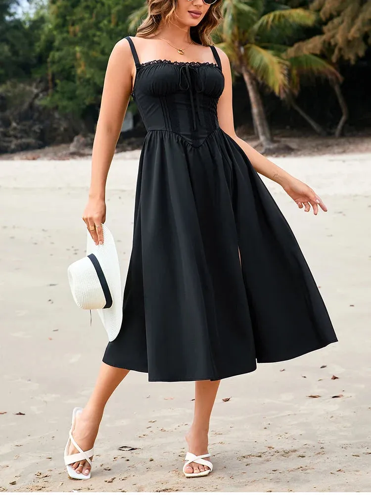 Lace Corset Tie-Up Ruched Long Dress