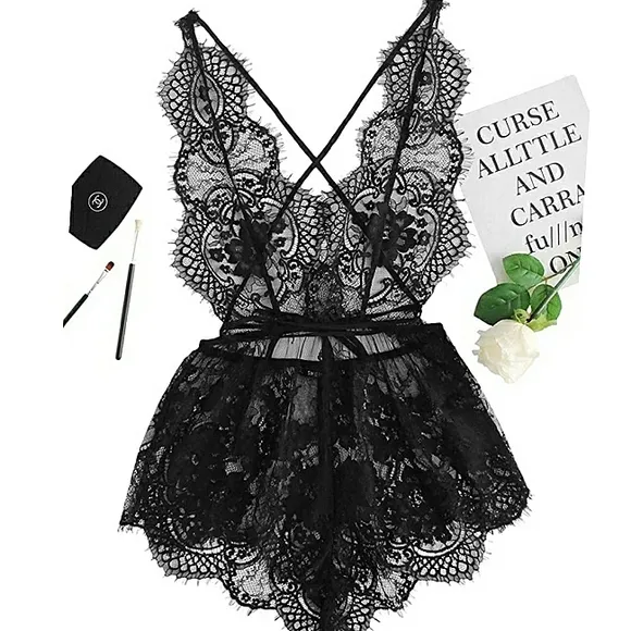 Lace Teddy Lingerie Deep V Backless Sleeveless Romper Sleepwear