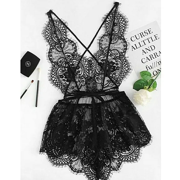 Lace Teddy Lingerie Deep V Backless Sleeveless Romper Sleepwear