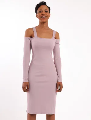 Ladies Cold Shoulder Textured Bodycon  Dress - Lilac