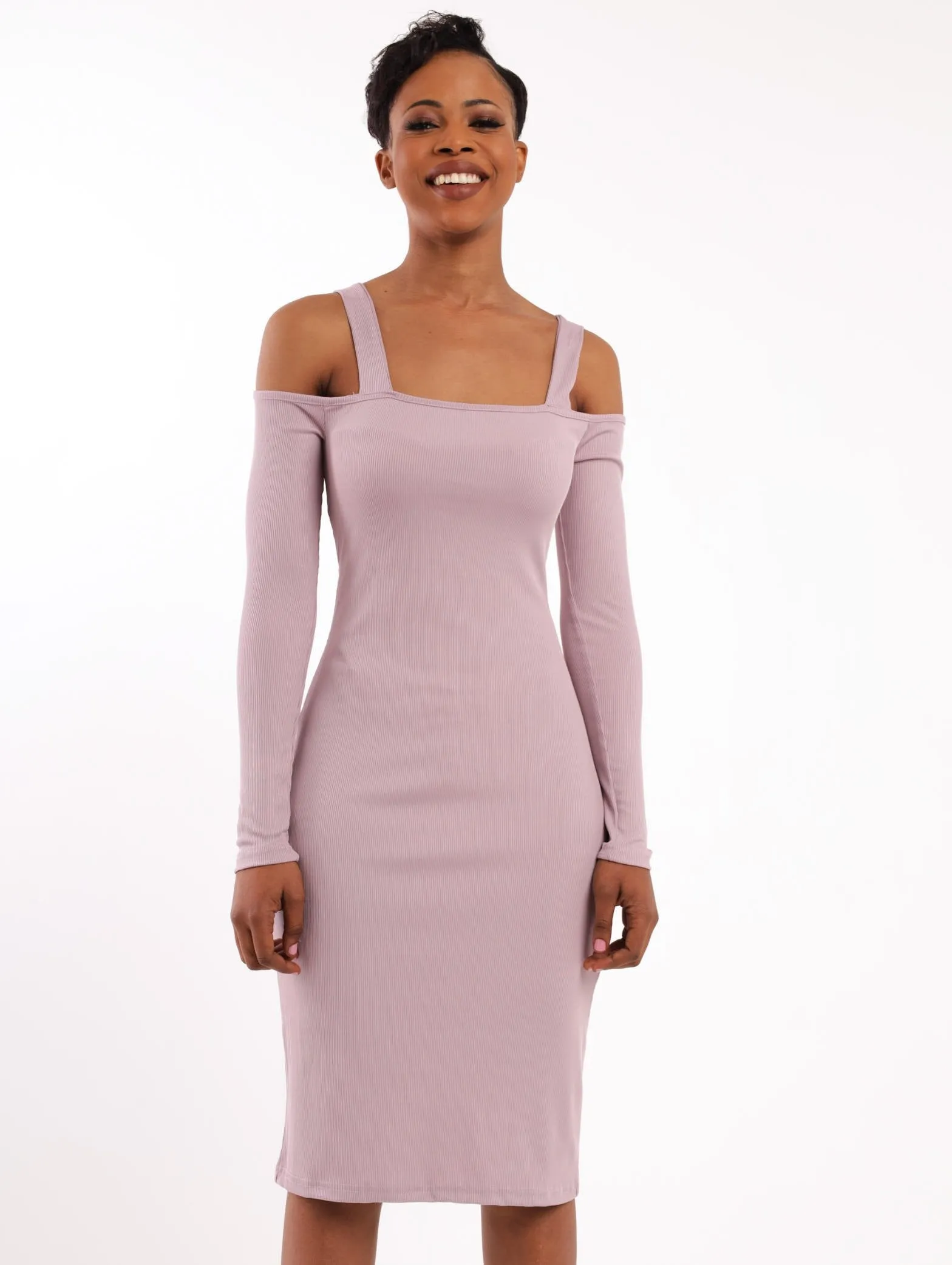 Ladies Cold Shoulder Textured Bodycon  Dress - Lilac