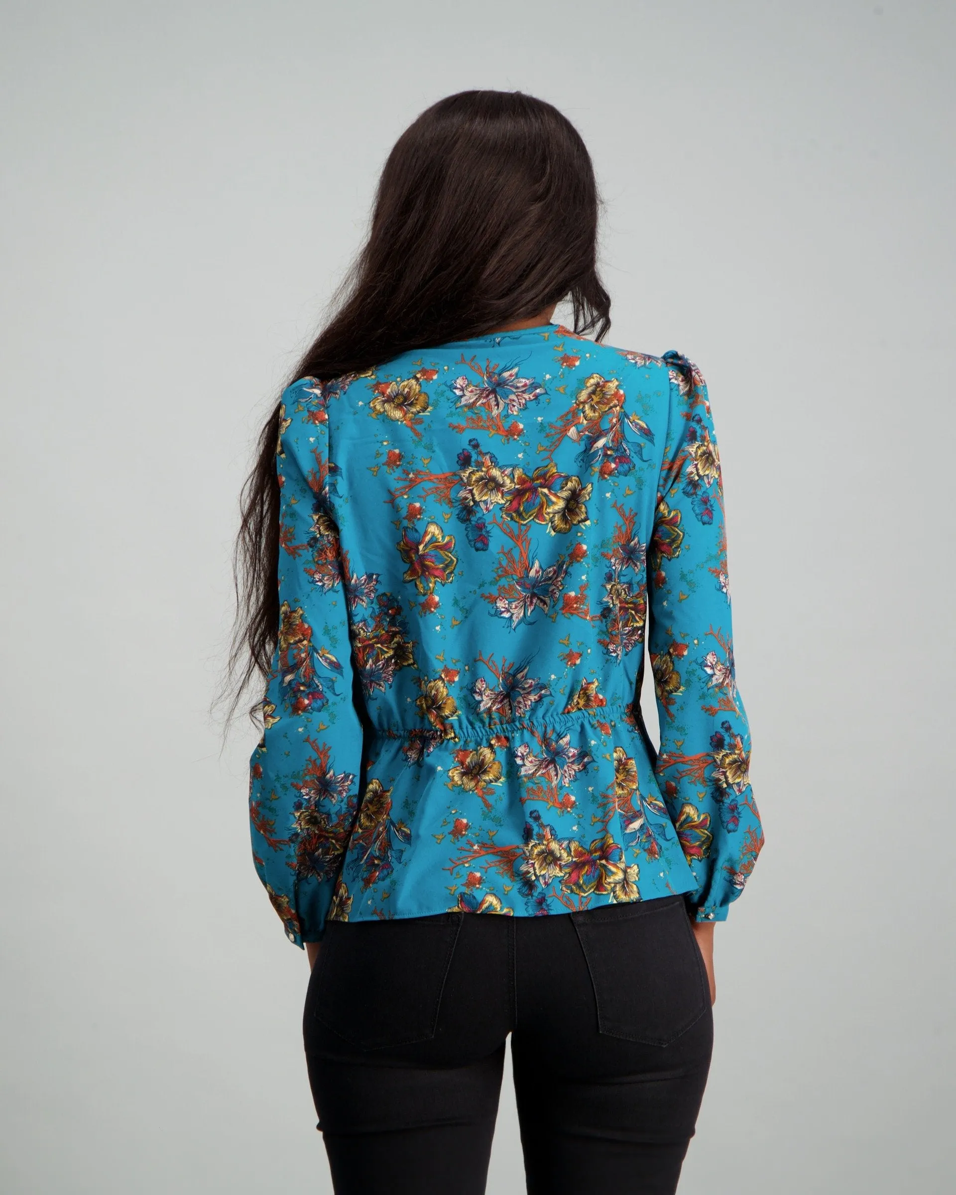 Ladies Floral Pleated Woven Wrap Blouse - Teal